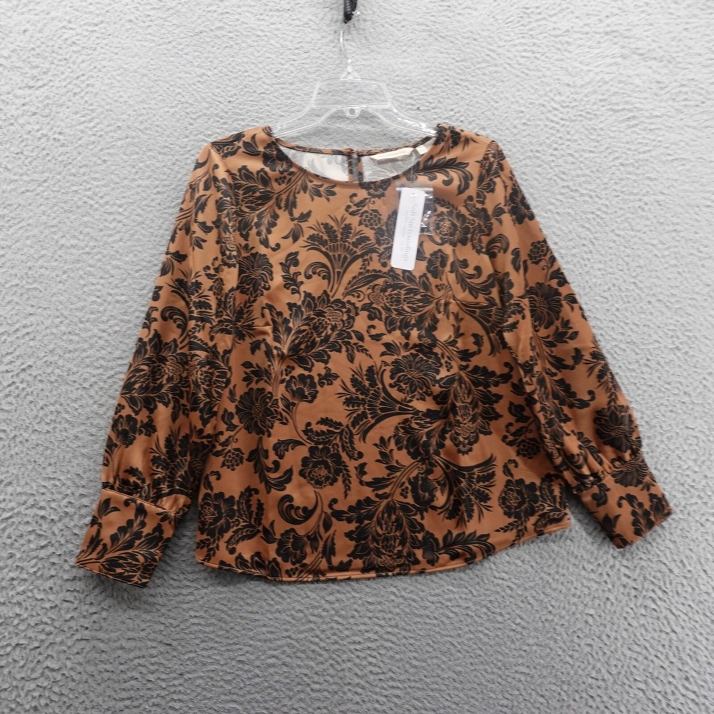 Soft Surroundings Womens Bronze Black Damask Floral Satin Blouse 3GD05 NWT